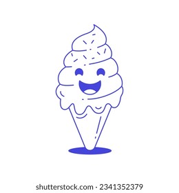 Funny ice cream cone cartoon character hand drawn sketch retro 30s animation style line art icon vector illustration. Smiling summer melting creamy dessert frozen sundae monochrome positive emoticon