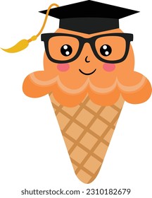 Funny ice cream cone with graduation cap and glasses