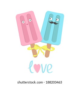 Funny ice cream couple with lips, mustaches and eyes. Bow on  sticks. Love card. Vector illustration.