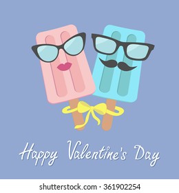 Funny ice cream couple with lips, mustaches and eyeglasses. Bow on sticks. Happy Valentines Day. Love card. Rose quartz serenity color. Vector illustration