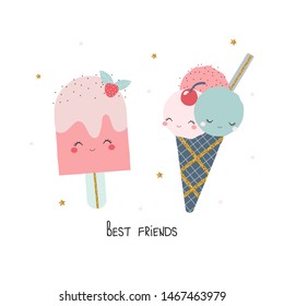 Funny ice cream with gold glitter elements and quote. Kids trendy graphic. Vector hand drawn illustration.