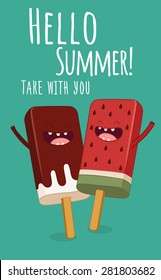 Funny Ice cream. Hello summer. Comic characters. Vector cartoon. You can use in the menu, in the shop, in the bar, the card or stickers. Easy to edit.