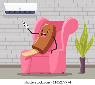 Funny ice cream with remote control of the air conditioner sits on the couch in the interior of the room. Vector cartoon concept illustration.