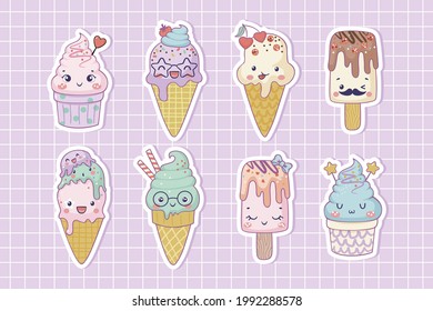 Funny ice cream sticker pack, cute cartoon characters for summer