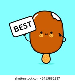Funny Ice cream sundae with poster best. Vector hand drawn cartoon kawaii character illustration icon. Isolated on blue background. Happy Ice cream sundae think concept