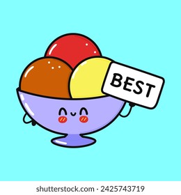 Funny Ice cream sundae with poster. Vector hand drawn cartoon kawaii character illustration icon. Isolated on blue background. Happy Ice cream sundae think concept