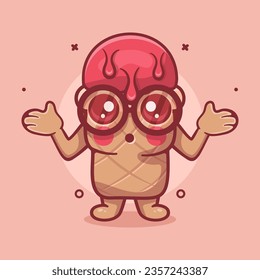 funny ice cream use cone character mascot with confused expression isolated cartoon in flat style design