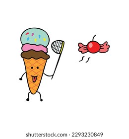 Funny Ice cream using net trying to catch cherry Cartoon Mascot Character Vector illustration color children cartoon funny food clipart