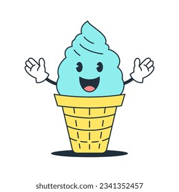 Funny ice cream waffle cup greeting happy cartoon character retro 30s animation style icon vector flat illustration. Cute creamy frozen summer dessert welcome gesture comic mascot outline emoticon