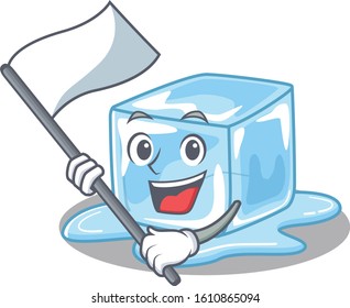 Funny ice cube cartoon character style holding a standing flag