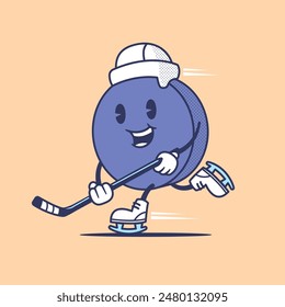 Divertido disco de hockey sobre hielo vintage Ilustración vectorial de mascota de dibujos animados