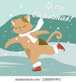 Funny ice skating cat, holiday card