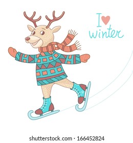 Funny ice skating deer in the sweater. Vector illustration.
