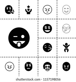 Funny icon. collection of 13 funny filled and outline icons such as emoji showing tongue, dollar smiley, sleeping emot, clown. editable funny icons for web and mobile.