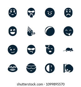 Funny Icon. Collection Of 16 Funny Filled Icons Such As Wink Emot, Cool Emot In Sunglasses, Ninja, Plastic Ball, Mouse Toy. Editable Funny Icons For Web And Mobile.