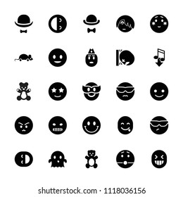 Funny icon. collection of 25 funny filled icons such as teddy bear, smiling emot, cool emot in sunglasses, shy emoji, ghost. editable funny icons for web and mobile.