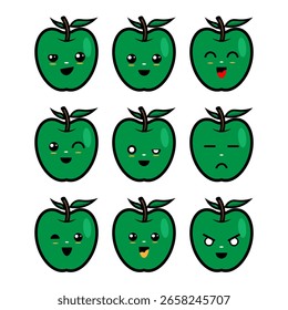 Funny icon Cute Character Set Green Apple Vector Design Premium Quality Creative Illustration Concept Symbol para Web Icono EPS 10