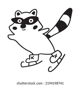 Funny Icon. Ice Skating Raccoon. Outline Illustration On White Background.