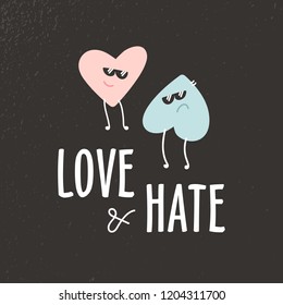 Funny icon of relationships on dark blackboard background. Vector catroon illustration with heart as symbol of love.