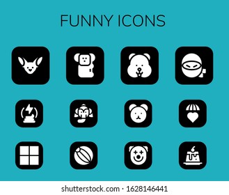 funny icon set. 12 filled funny icons. Included Fennec, Manure, Delicious, Koala, Elephant, Beach ball, Hamster, Teddy bear, Clown, Ninja, Emotions, Creme caramel icons
