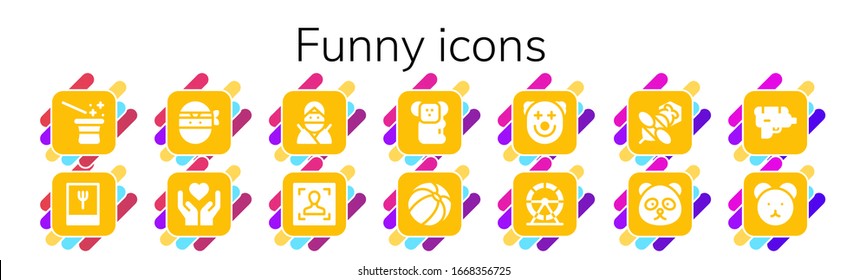 Funny Icon Set. 14 Filled Funny Icons.  Simple Modern Icons Such As: Magician, Foodie, Ninja, Emotion, Face, Koala, Beach Ball, Clown, Hamster Wheel, Bee, Panda Bear, Water Gun