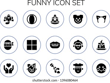 Funny Icon Set. 15 Filled Funny Icons.  Collection Of - Elephant, Ninja, Beach Ball, Delicious, Toad, Smile, Clown, Grandmother, Headband, Creme Caramel, Emotion, Poop, Joker