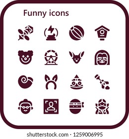  funny icon set. 16 filled funny icons. Simple modern icons about  - Bee, Manure, Beach ball, Bird house, Clown, Hamster wheel, Fennec, Sloth, Winkle, Headband, Toad, Poop, Grandmother