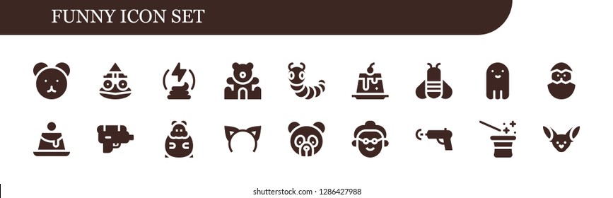  funny icon set. 18 filled funny icons. Simple modern icons about  - Teddy bear, Toad, Manure, Caterpillar, Creme caramel, Bee, Ghost, Chick, Water gun, Hamster, Headband, Panda bear