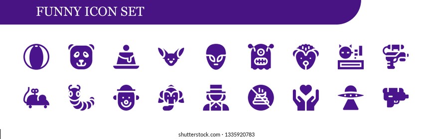 funny icon set. 18 filled funny icons.  Collection Of - Beach ball, Panda bear, Creme caramel, Fennec, Alien, Monster, Hedgehog, Meow, Water gun, Mouse toy, Caterpillar, Clown