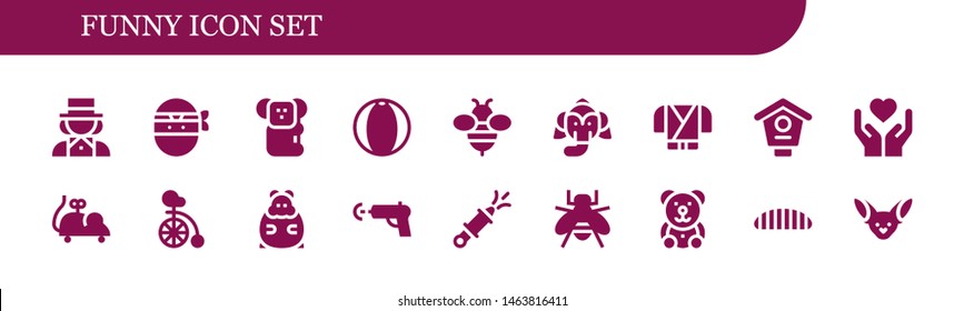 funny icon set. 18 filled funny icons.  Collection Of - Magician, Ninja, Koala, Beach ball, Bee, Elephant, Bird house, Emotion, Mouse toy, Unicycle, Hamster, Water gun, Teddy bear