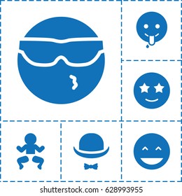 Funny icon. set of 6 funny filled icons such as laughing emot, cool emot in sunglasses, happe emoji with star eyes, emoji showing tongue, hat and moustache