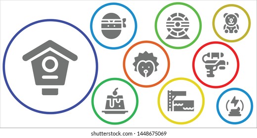 funny icon set. 9 filled funny icons.  Simple modern icons about  - Bird house, Ninja, Hamster wheel, Creme caramel, Trampoline, Hedgehog, Water gun, Teddy bear, Manure