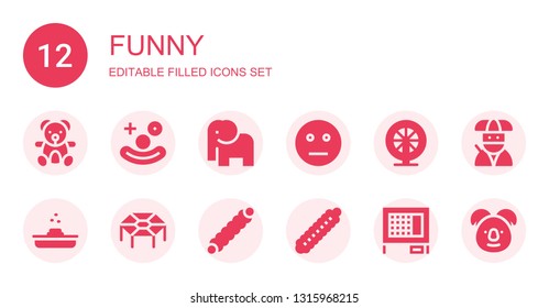 funny icon set. Collection of 12 filled funny icons included Teddy bear, Clown, Elephant, Neutral, Hamster, Poop, Trampoline, Caterpillar, Rabbit hutch, Ninja, Koala