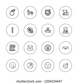 Funny icon set. collection of 16 outline funny icons with animal, beach ball, bomb, carnivorous plant, clown hat, clown, caterpillar, expresso, emotion, kitty, poop icons.