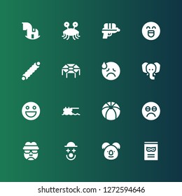 funny icon set. Collection of 16 filled funny icons included Comic, Koala, Clown, Frankenstein, Sad, Beach ball, Trampoline, Emoticon, Elephant, Caterpillar, Emotion, Water gun