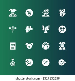 funny icon set. Collection of 16 filled funny icons included Expresso, Sad, Unicycle, Ninja, Beach ball, Teddy bear, Comic, Deformity, Water gun, Bee, Clown, Grandmother, Emotion