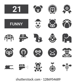 funny icon set. Collection of 21 filled funny icons included Bee, Unicycle, Teddy bear, Water gun, Trampoline, Joker, Angry, Sad, Hamster, Panda, Elephant, Clown, Rocking horse