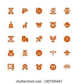 funny icon set. Collection of 25 filled funny icons included Trampoline, Sad, Koala, Paw ribbon, Rabbit hutch, Bee, Angry, Teddy bear, Hamster, Elephant, Joker, Blowfish
