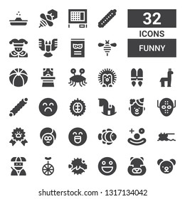funny icon set. Collection of 32 filled funny icons included Teddy bear, Hamster, Emoticon, Blowfish, Unicycle, Ninja, Trampoline, Clown, Clown fish, Emotion, Face, Paw ribbon