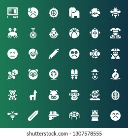 funny icon set. Collection of 36 filled funny icons included Sad, Magician hat, Trampoline, Water gun, Caterpillar, Bee, Durian, Grandmother, Frankenstein, Hamster, Alpaca, Teddy bear