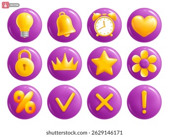 Funny icon set for social media, web app. Circle shape, violet and gold color, convex 3d. Vector illustration