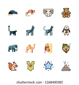 funny icon set. vector set about animals, cat, penguin and racoon icons set.