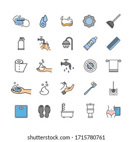 Funny icons of personal hygiene and bathroom. Line icons.