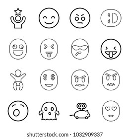 Funny icons. set of 16 editable outline funny icons such as mouse toy, smiling emot, angry emot, ghost, celebrity, dollar smiley