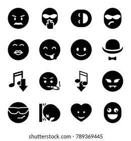 Funny icons. set of 16 editable filled funny icons such as smiling emot, cool emot in sunglasses, eating mouth, heart face