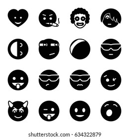 Funny icons set. set of 16 funny filled icons such as smiling emot, wink emot, emoji showing tongue, rolling eyes emoji, heart face, clown