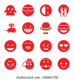 Funny icons set. set of 16 funny filled icons such as mouse toy, smiling emot, laughing emot, ghost, crying emoji, angry emoji