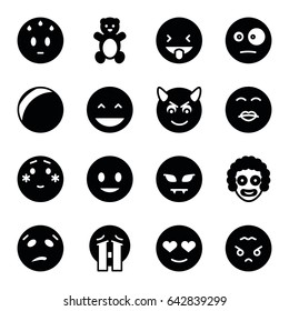 Funny icons set. set of 16 funny filled icons such as teddy bear, smiling emot, laughing emot, shy emoji, crying emoji, angry emoji, clown