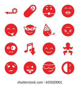 Funny icons set. set of 16 funny filled icons such as smiling emot, emoji in mask, cool emot in sunglasses, emoji showing tongue, angry emoji, party pipe, eating mouth