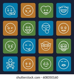 Funny icons set. set of 16 funny outline icons such as heart face, smiling emot, wink emot, emoji in mask, angry emoji, newborn child